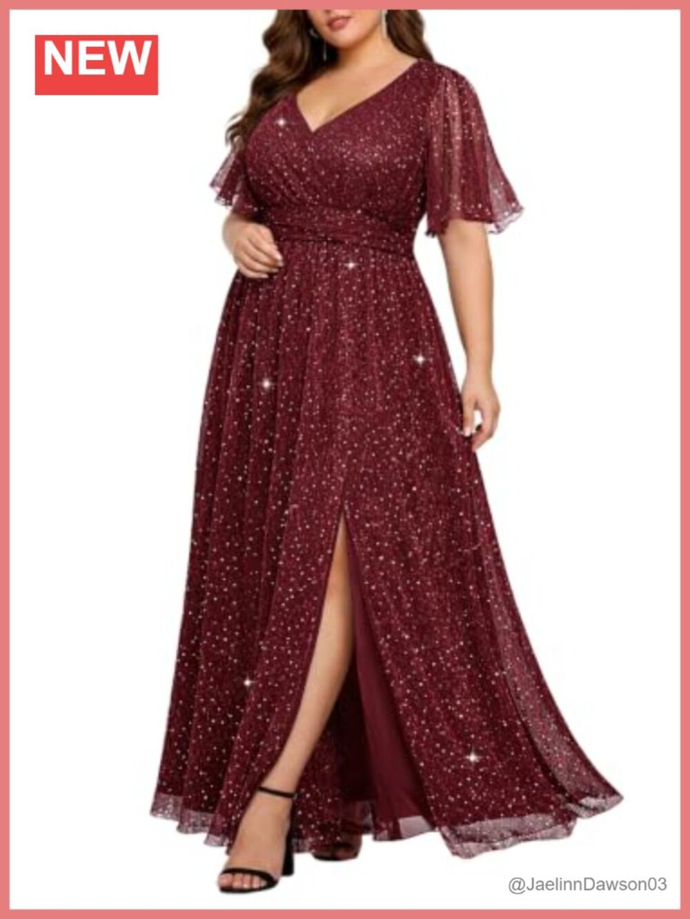 Plus Size Formal Maxi Dress V Neck Glitter Flutter Sleeve Evening Gown